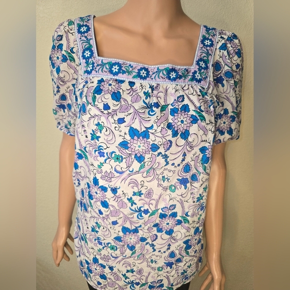 Talbots Square Neck Short Puff Sleeve Songbird Floral Print Shirt Size Small - Picture 2 of 10